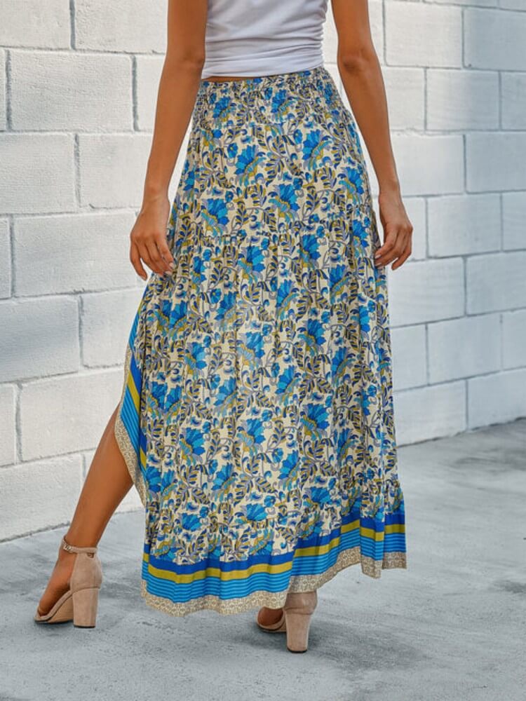 Saia maxi floral hippie cigana alta-baixa em azul