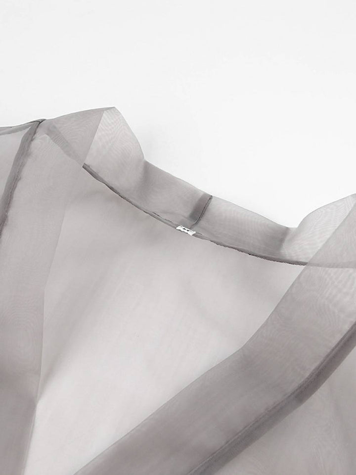 Transparentes, sexy Oberteil mit V-Ausschnitt, langen Puffärmeln und Fliege, schicke Bluse