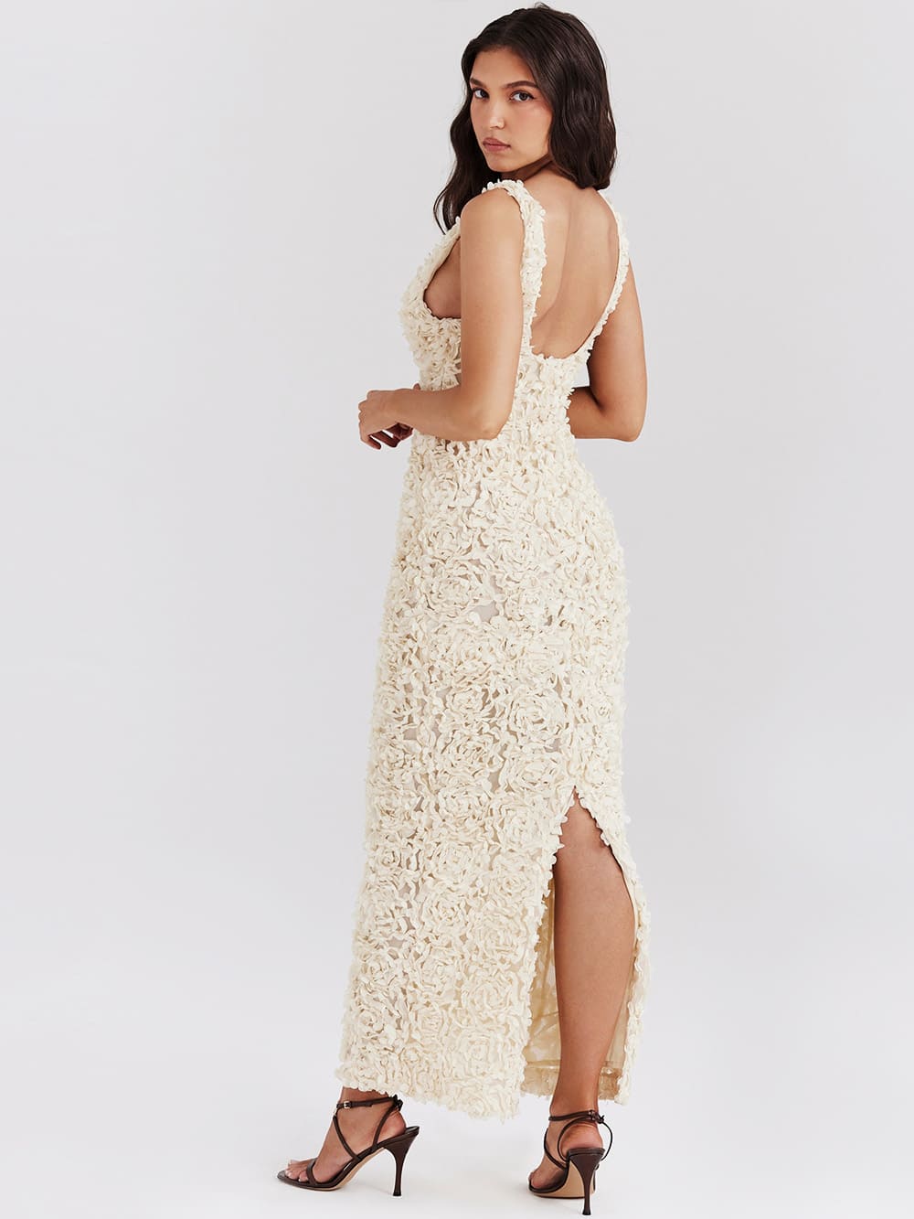 Creme Plunge Floral Appliqué Maxi Dress-Carena