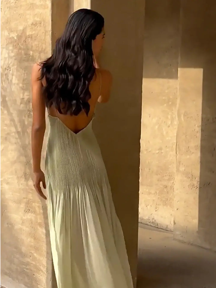 Ethereal Elegance Pleated Patchwork Slit Maxi Dress