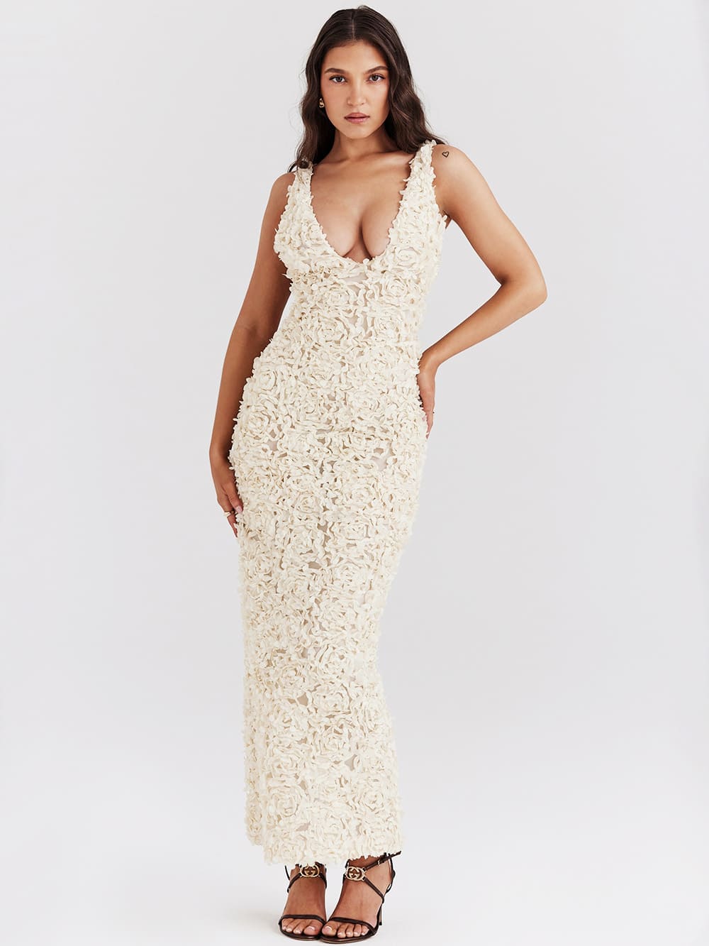 Cream Plunge Floral Applique Maxi Dress-Carena