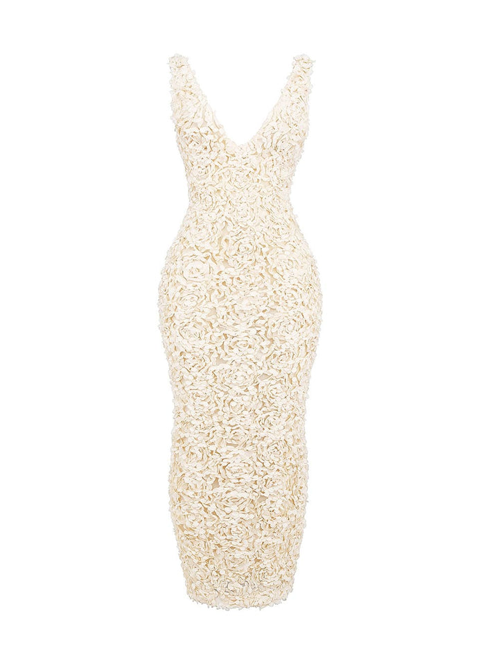 Cream Plunge Floral Applique Maxi Dress-Carena