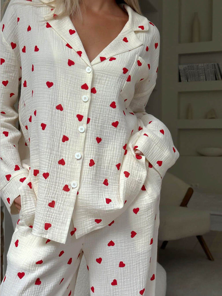 Cute Heart Print Button Down Shirt Pyjamassæt