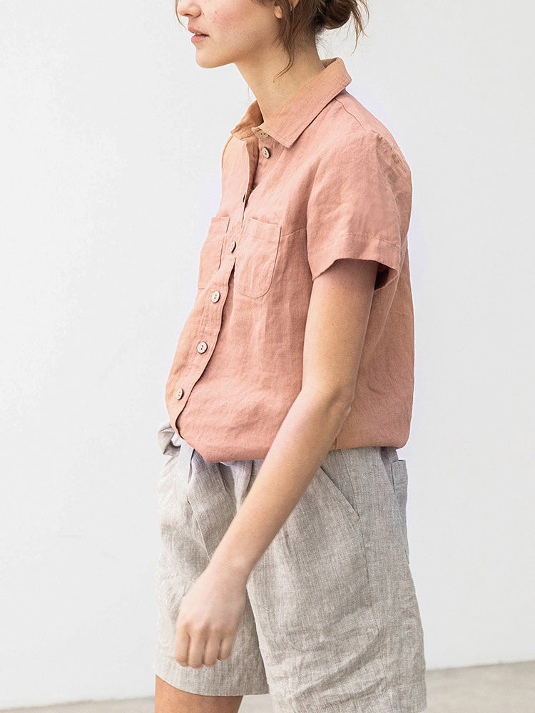 Linen Short-sleeve Double-pocket Shirt