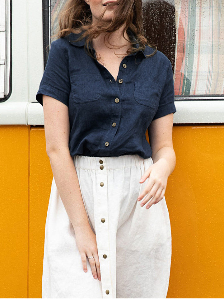 Linen Short-sleeve Double-pocket Shirt