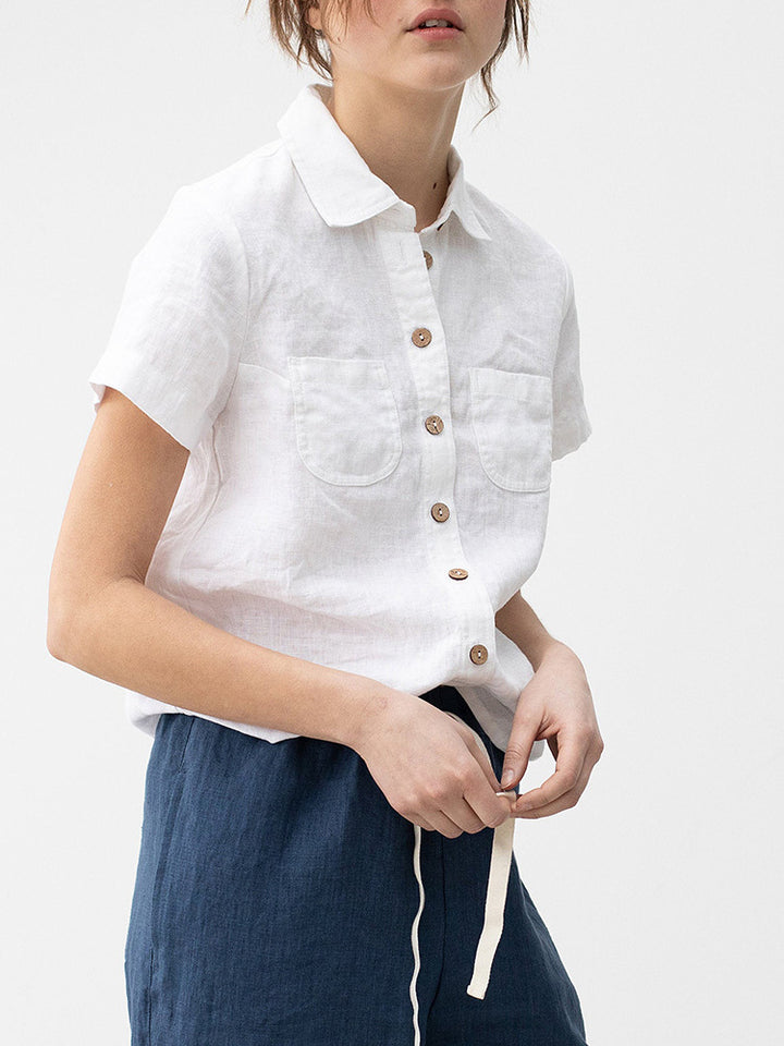 Λινό κοντομάνικο πουκάμισο με διπλή τσέπη