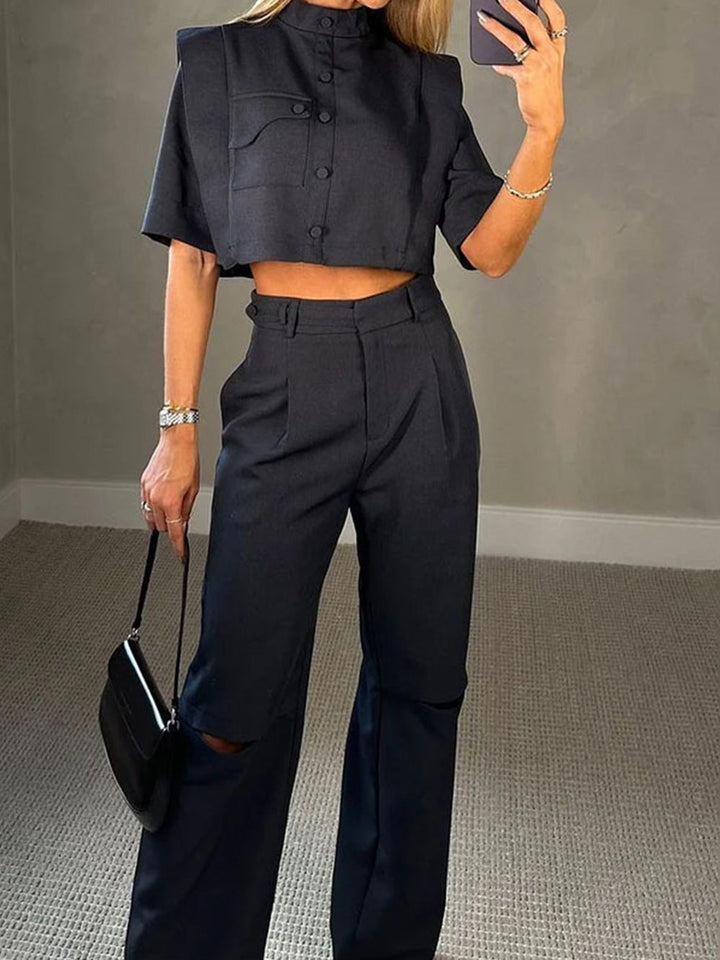 Super Chic Cargo Button Blouse High Rise Pant Set