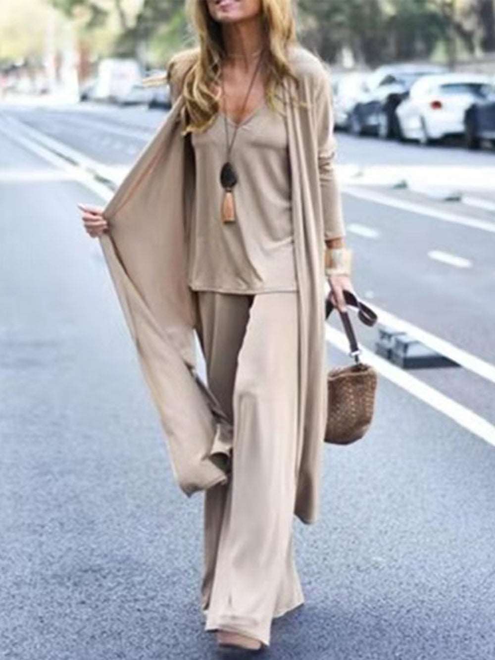 Cardigan Coat Sling Top Wide Leg Pants 3Pcs Set