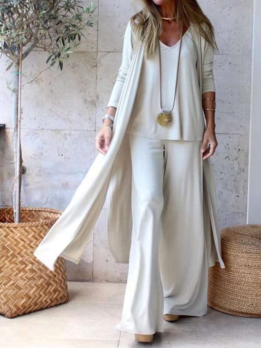 Cardigan Coat Sling Top Wide Leg Pants 3Pcs Set