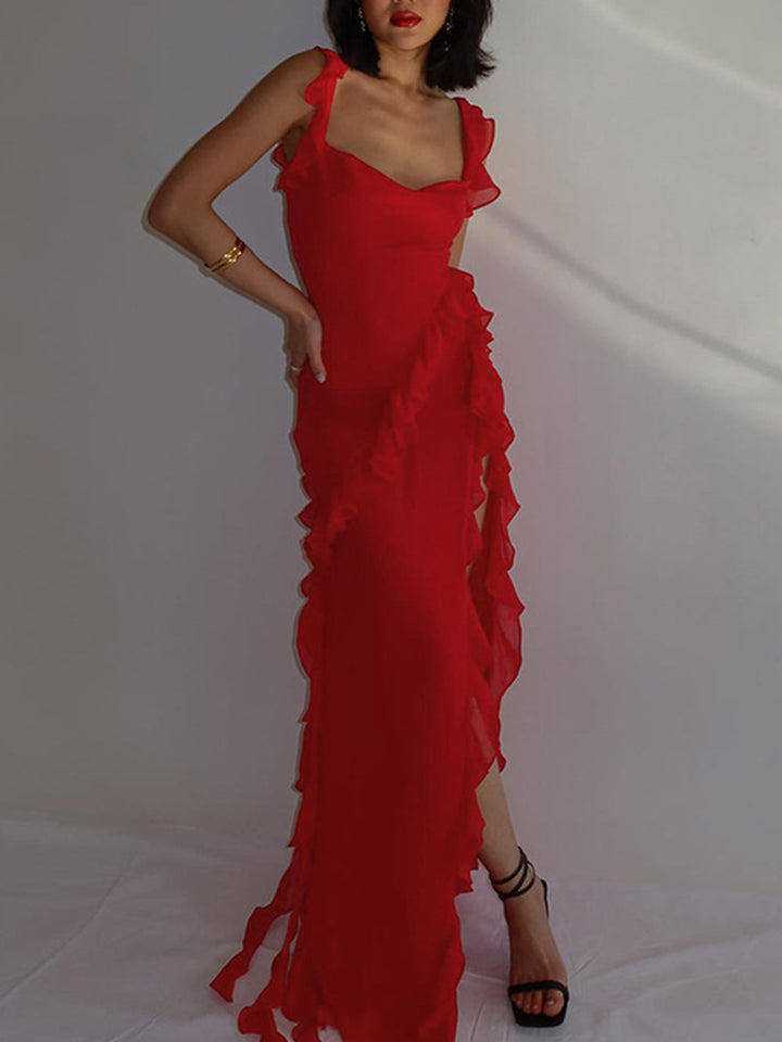 Red Chiffon Frill Rutsch Maxi Kleed