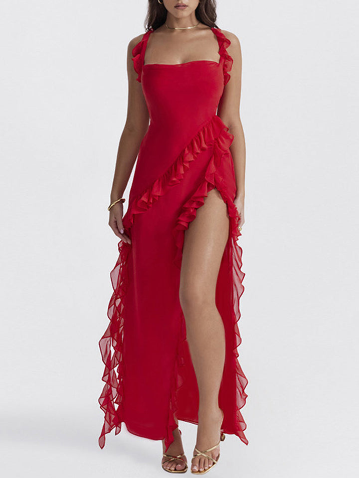 Red Chiffon Frill Rutsch Maxi Kleed