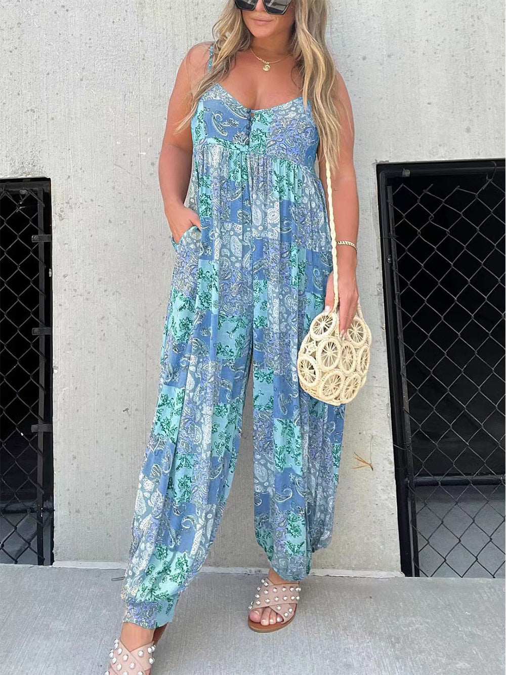 Jumpsuit mit hohem Bund und Print