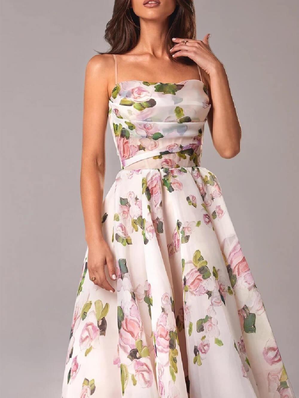 Vestido midi sem alças sem mangas estampado swing