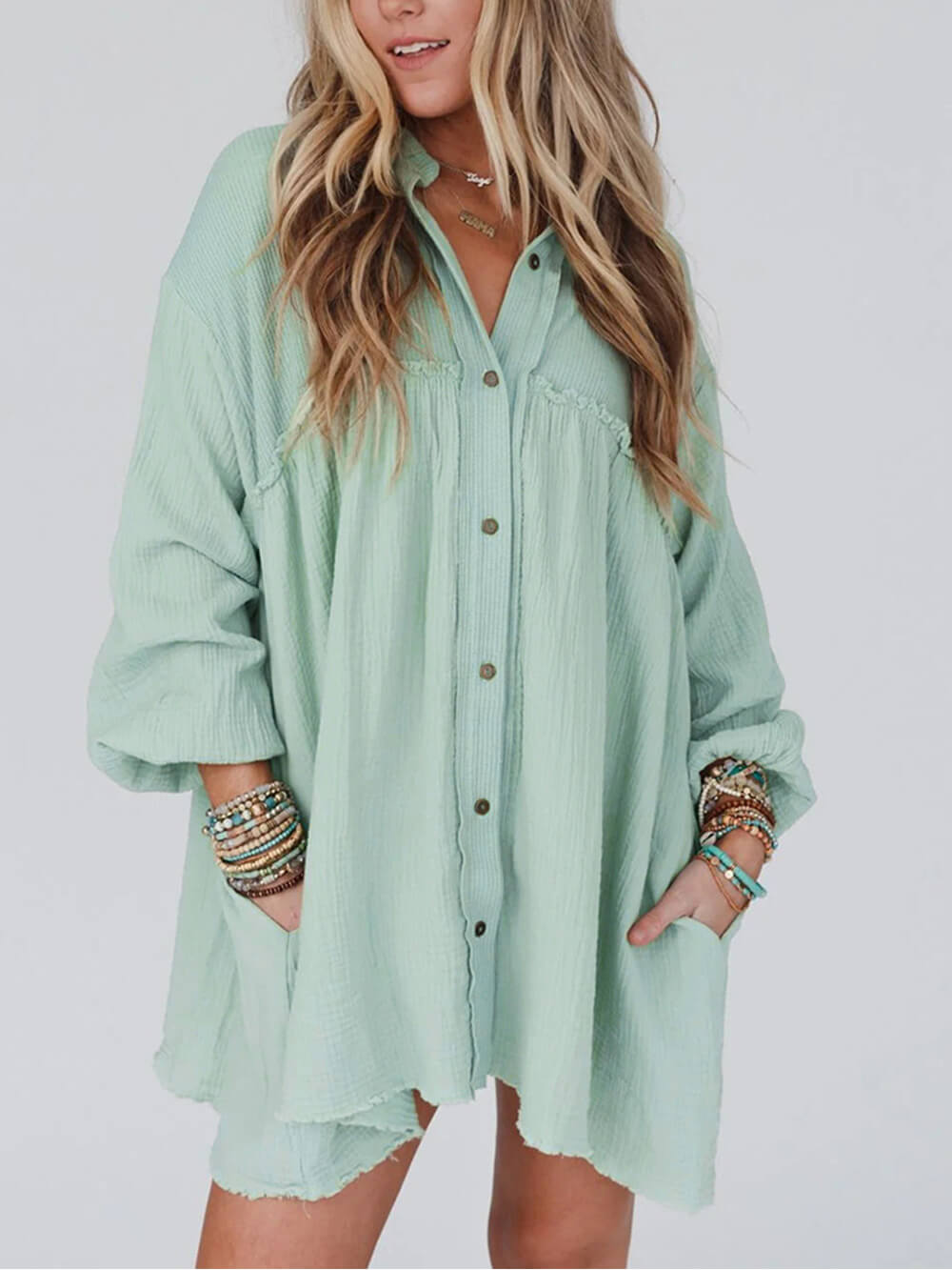 فستان قميص بأكمام منفوخة ومرقعة باللون الأخضر النعناعي