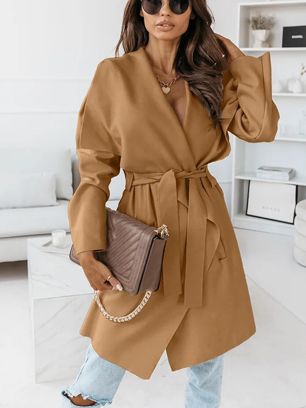 Oversized Lapel Belted Coat Mid Length Hette