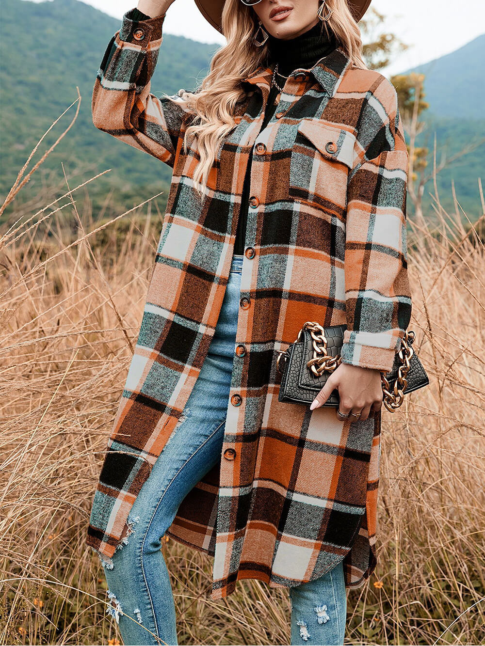 Manteau chemise longue boutonné en flanelle à carreaux