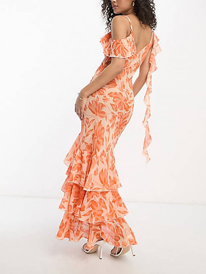 Robe longue asymétrique à épaules en jacquard floral orange