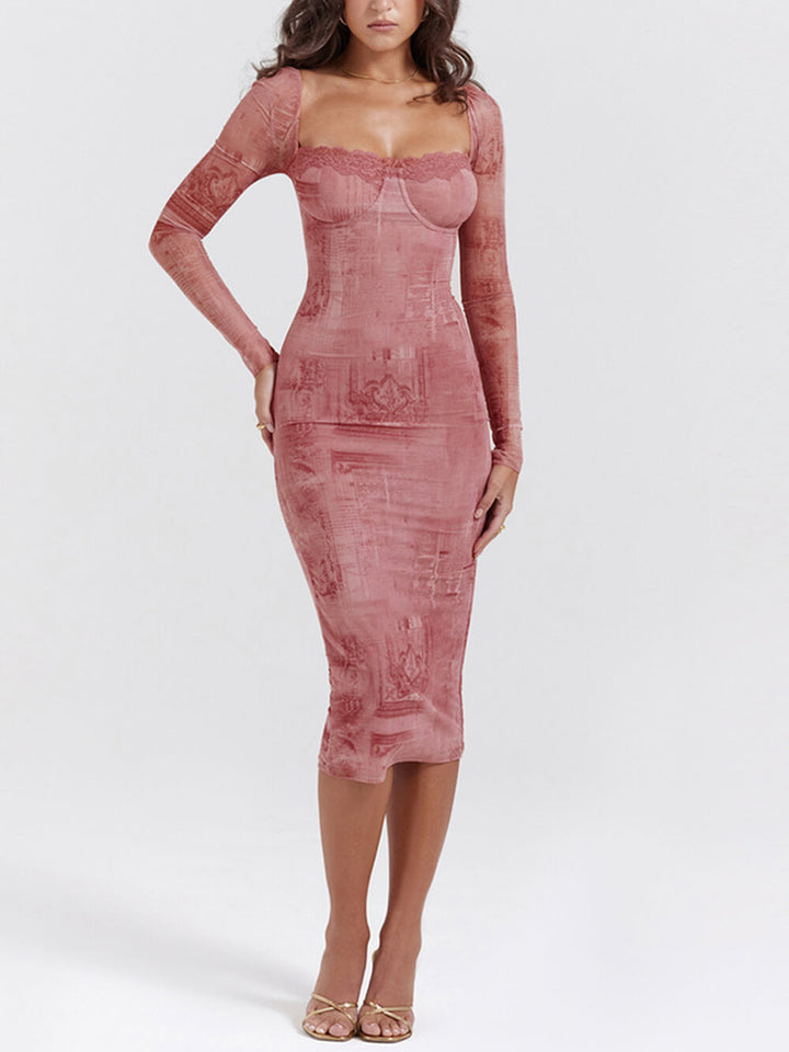 Rózsaszín mintás fűző ruha