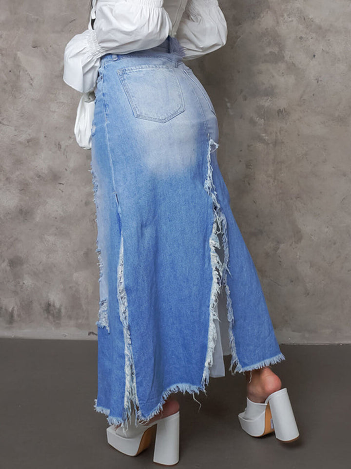 Denim rok met hoge taille en gerafelde split