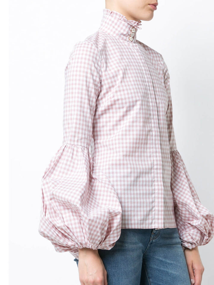 Camicia a maniche lunghe a sbuffo con collo alto scozzese