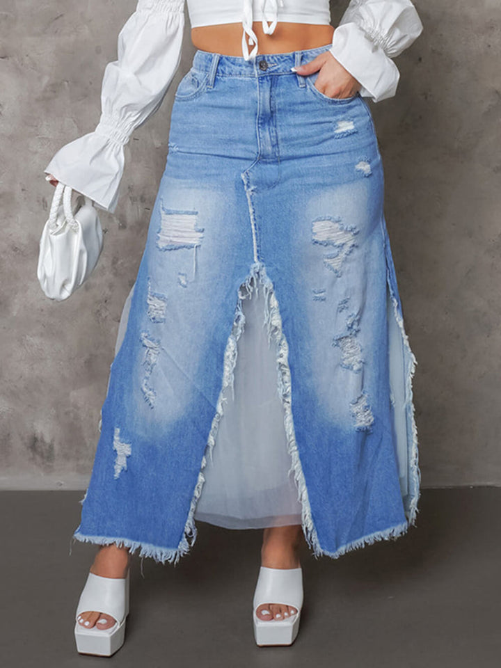 Héich Taille Frayed Slit Denim Rock