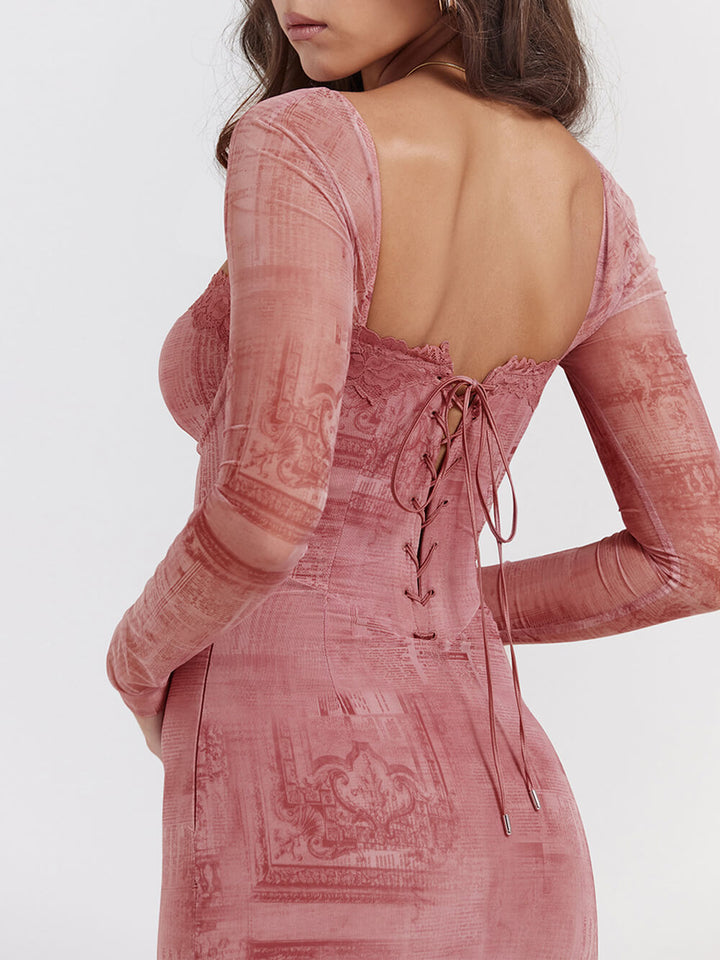 Gorsetowa sukienka z różowym nadrukiem