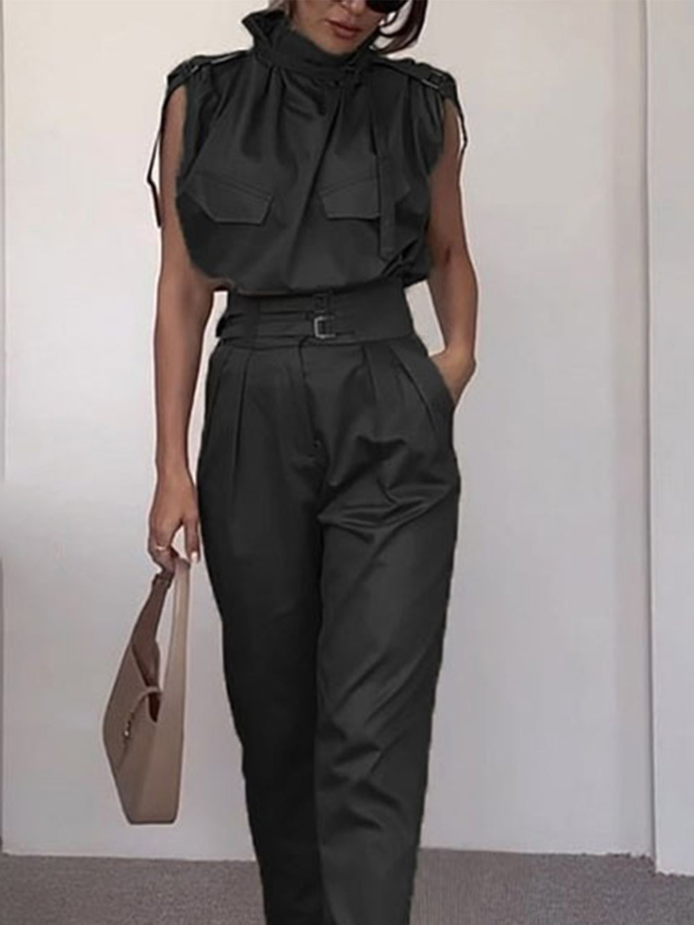 Ensemble pantalon long avec ceinture et poches latérales - Sauge