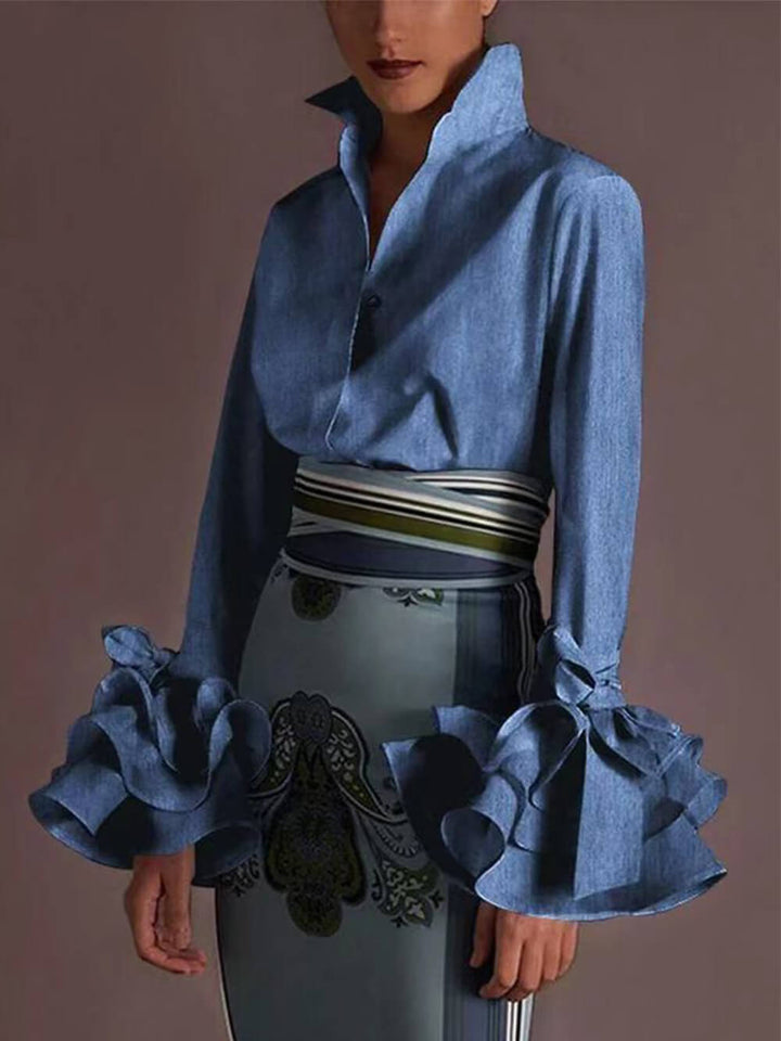 Ruffled Bell Sleeve Pressed Langermet skjorte