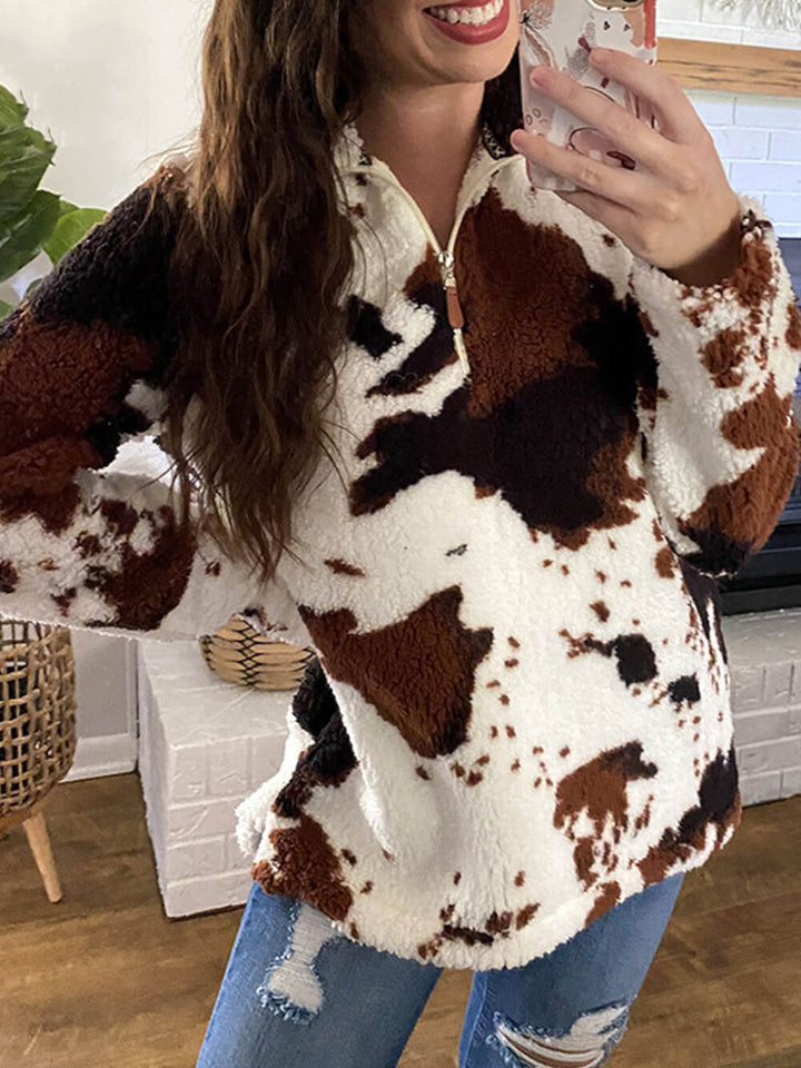 Cow Print Glidelås Langermet Pullover Sweatshirt