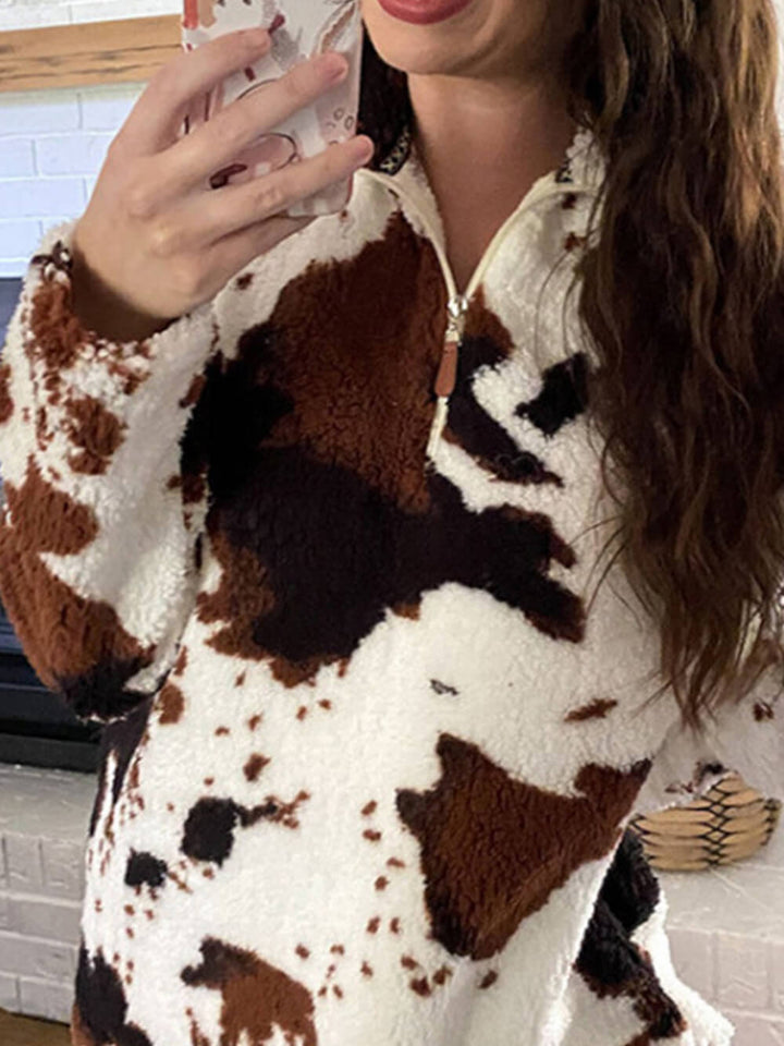 Cow Print Glidelås Langermet Pullover Sweatshirt