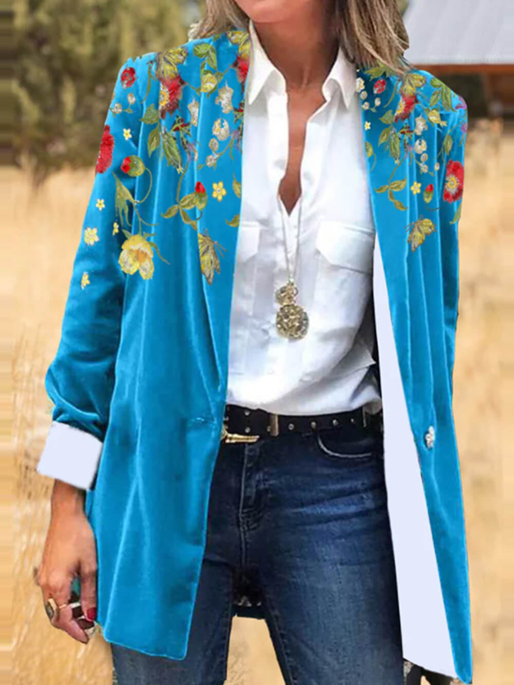 Blazer din velur cu broderie florală de artă populară