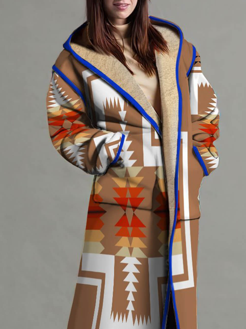 Hooded Geometrie Jacquard Blend Long Cardigan