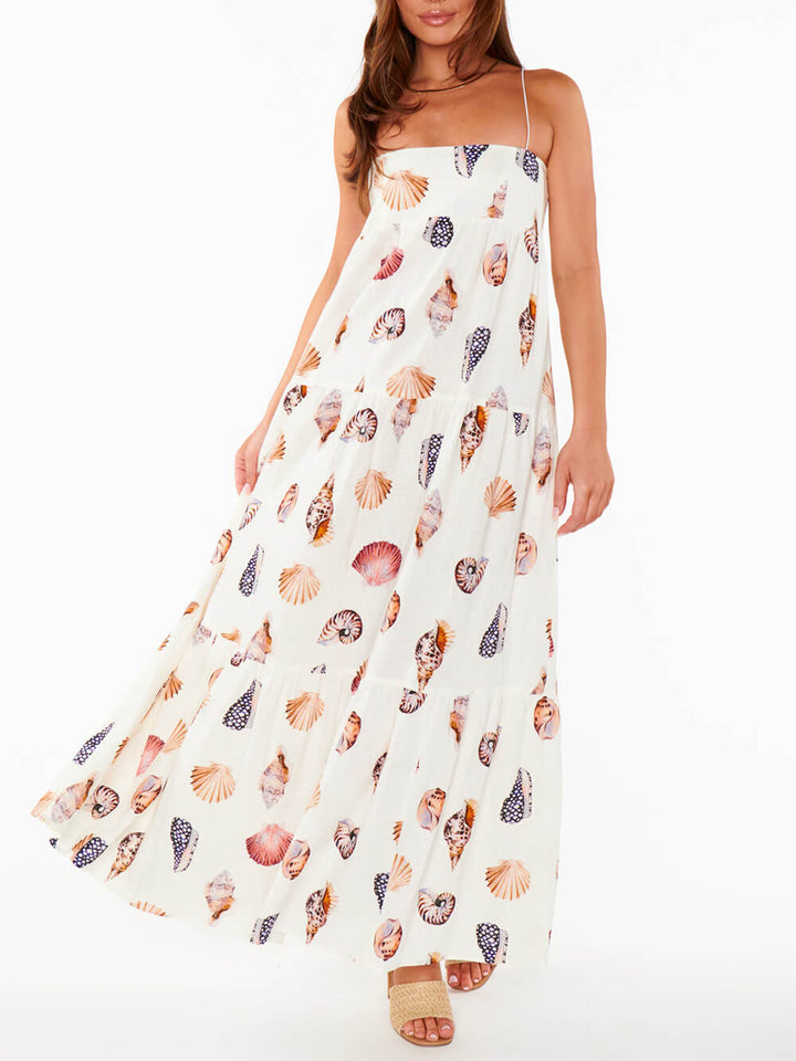 Unik Shell Conch Print Plisserte lommer Lett maxi kjole