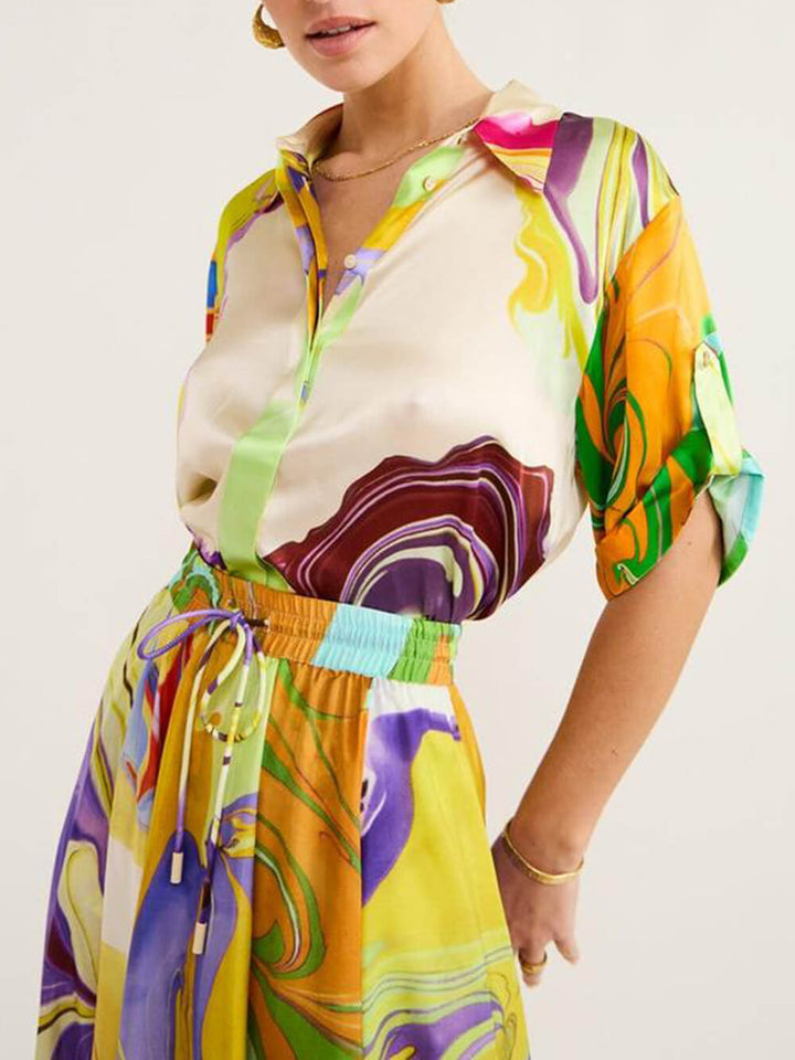 Modern Printed Satin Blouse and Skirt Set
