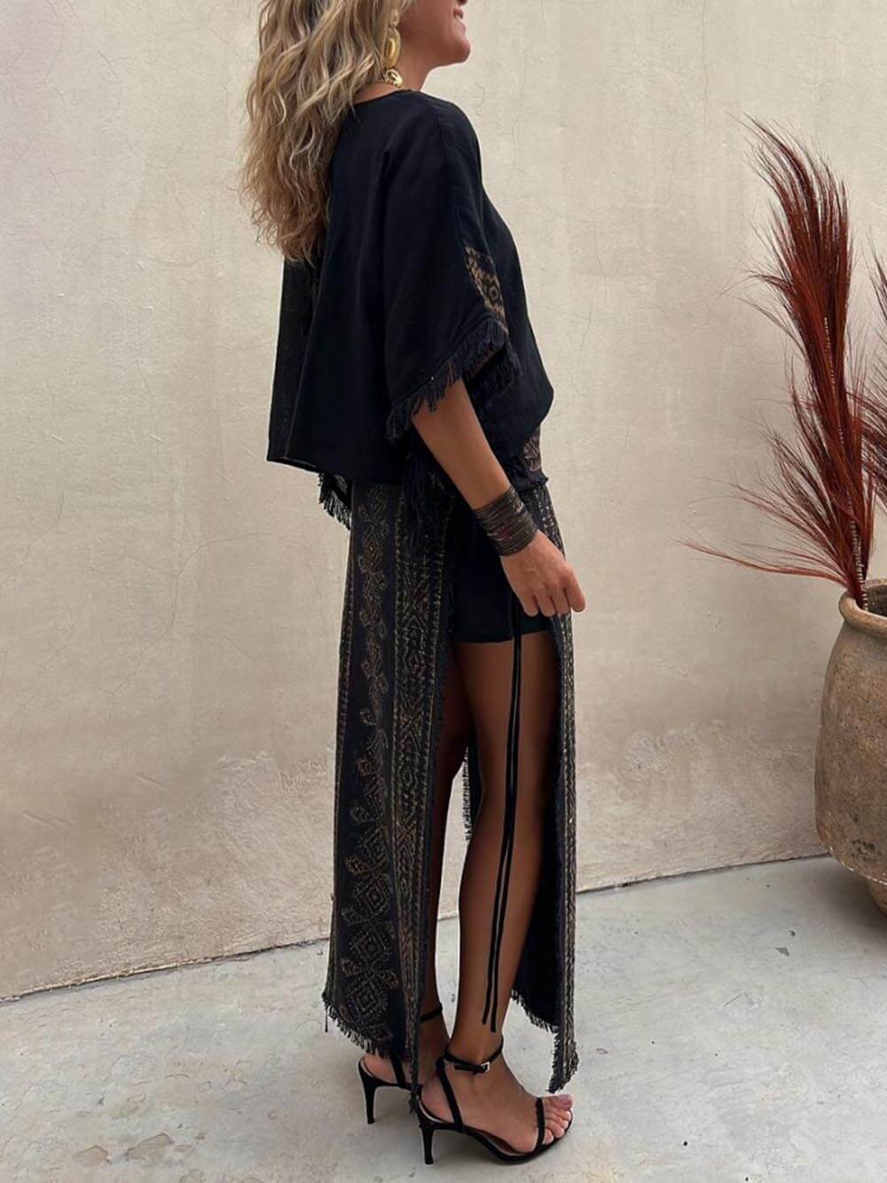 Ethnic Print Tassel Trim Wide Sleeve Loose Sets