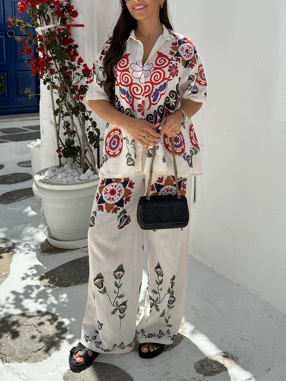 Unique And Exquisite Ethnic Floral Print Elastic Waist Pocket Wide Leg Pants