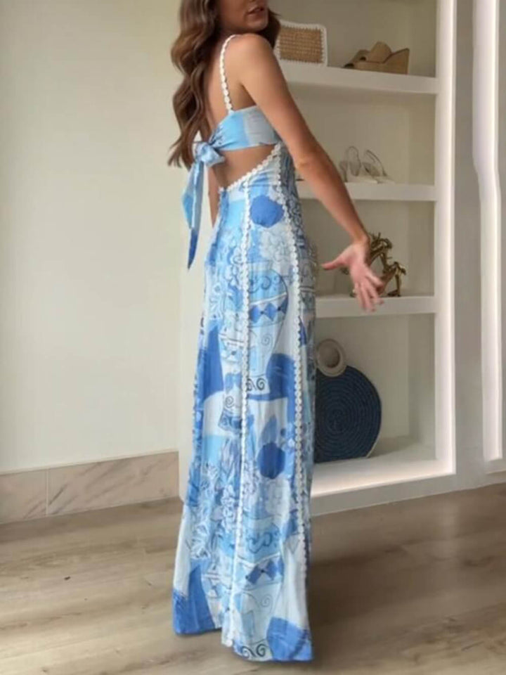 Eenzegaarteg Spëtzekleeder Patchwork gedréckt Back Tie Halter Flare Maxi Kleeder