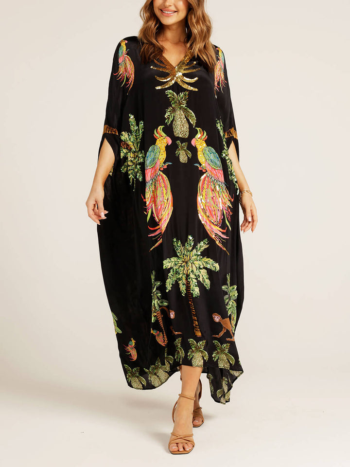 Unique Drop Shoulder Sleeve Coconut Tree Printed Dress - Black