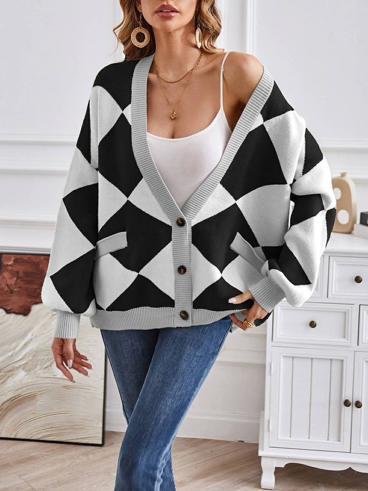 V-hals geometrisk farveblok strik cardigan