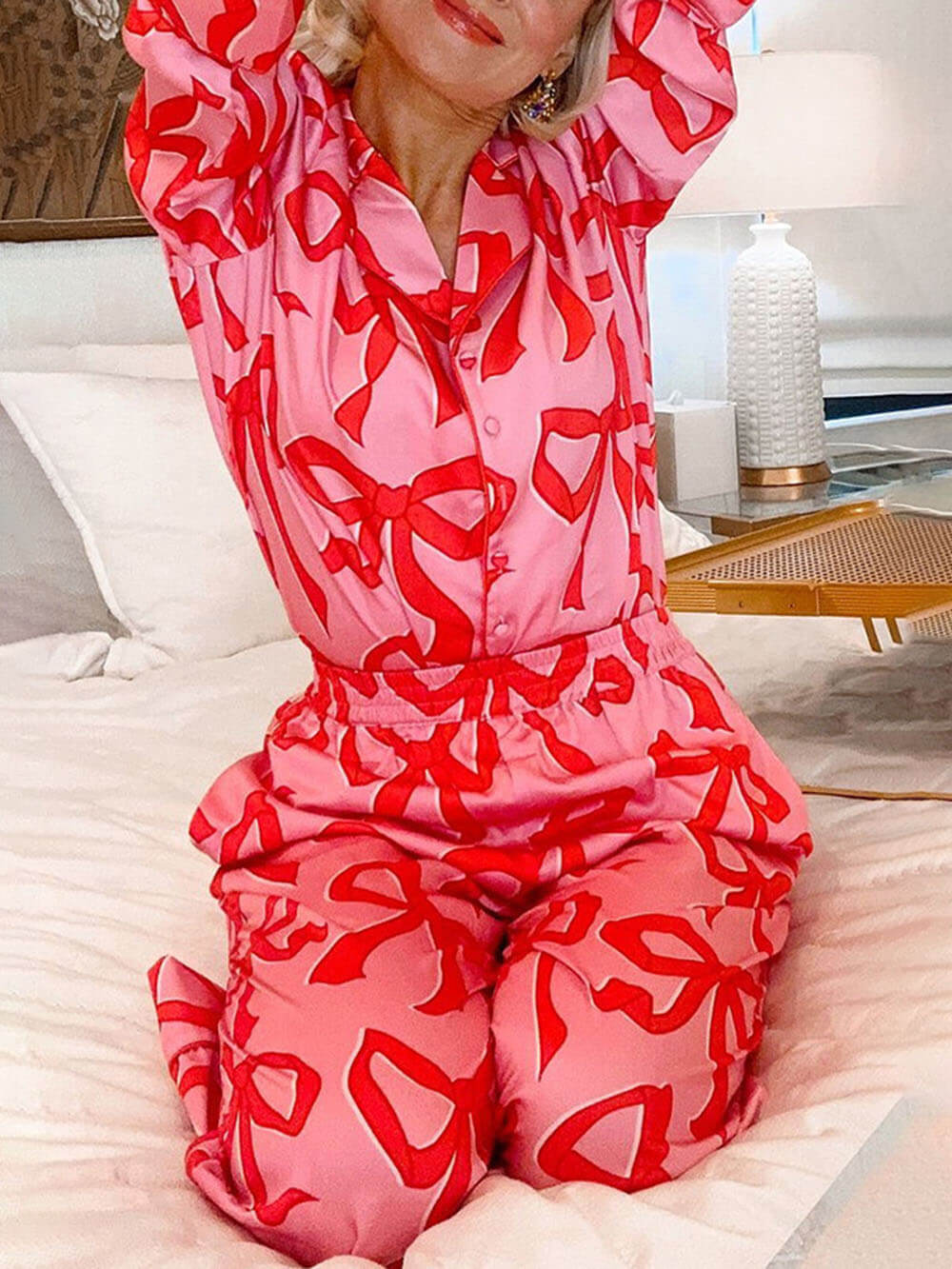 Bow Print hajtóka otthoni pizsama készlet