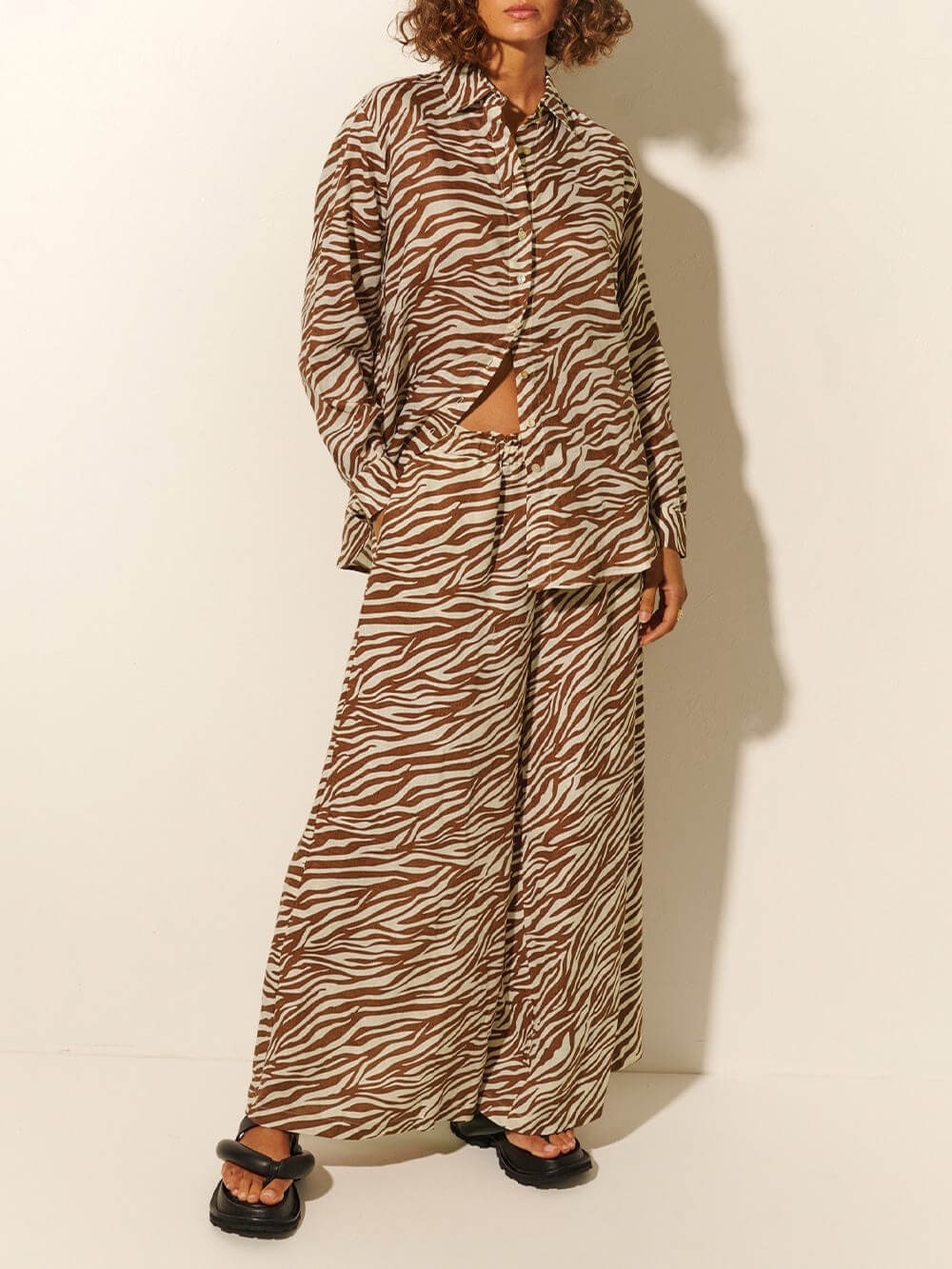 Button Open Collar Loose Zebra Print Shirt  Pants Set