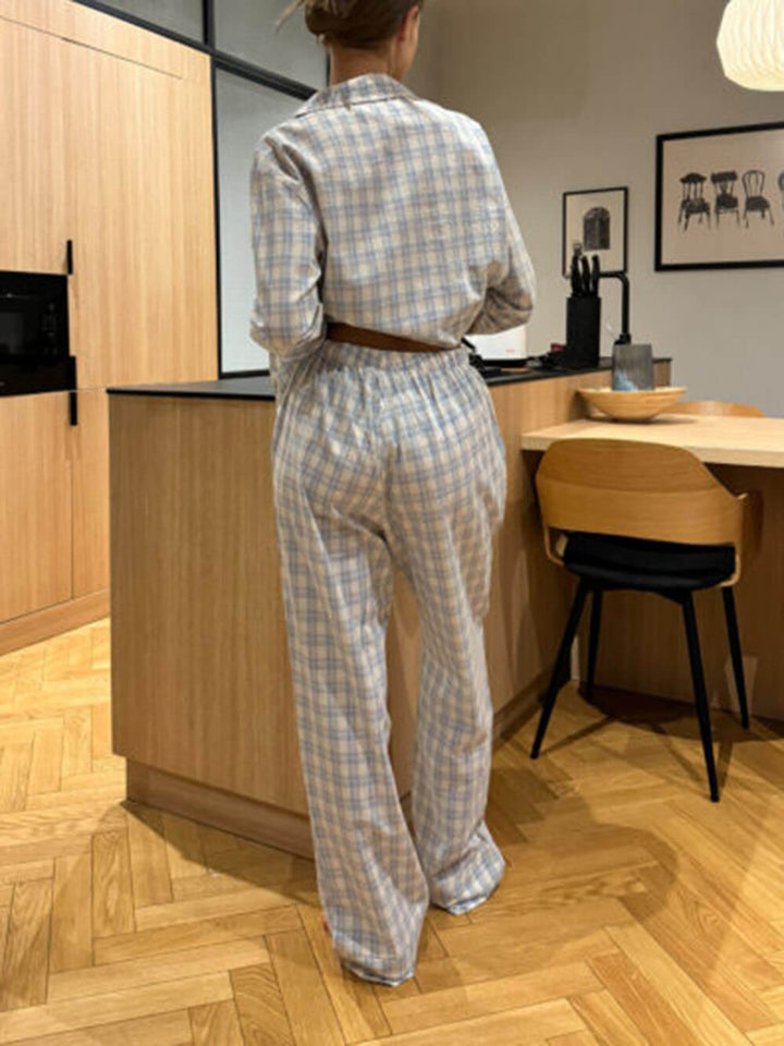 Gul og blå plaid løst patchwork pyjamas sæt