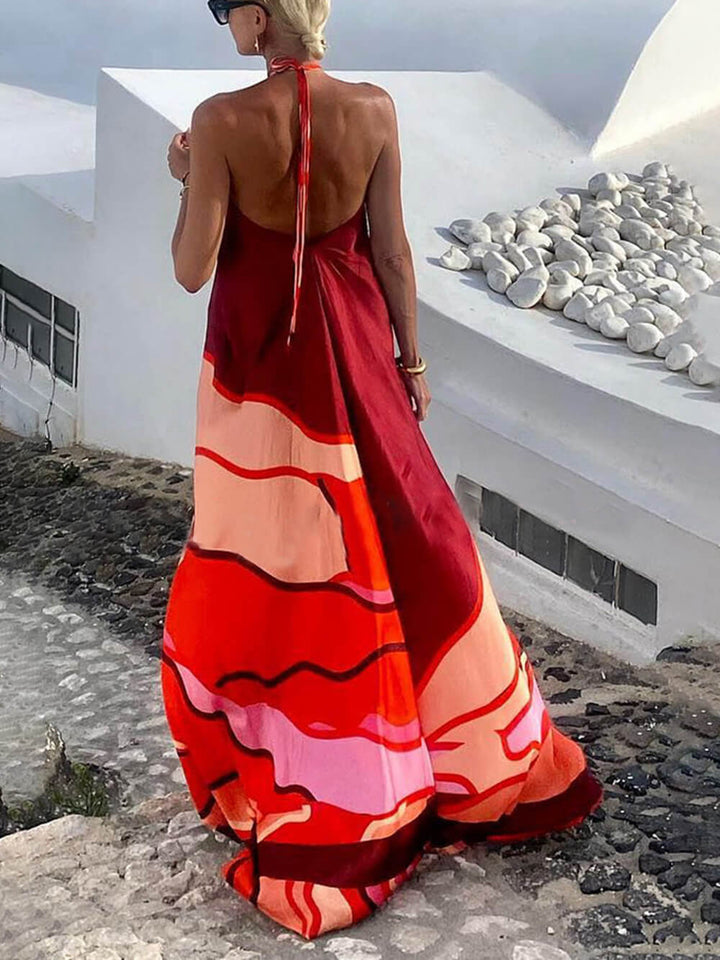 Robe longue trapèze imprimée dos nu style vacances d'été