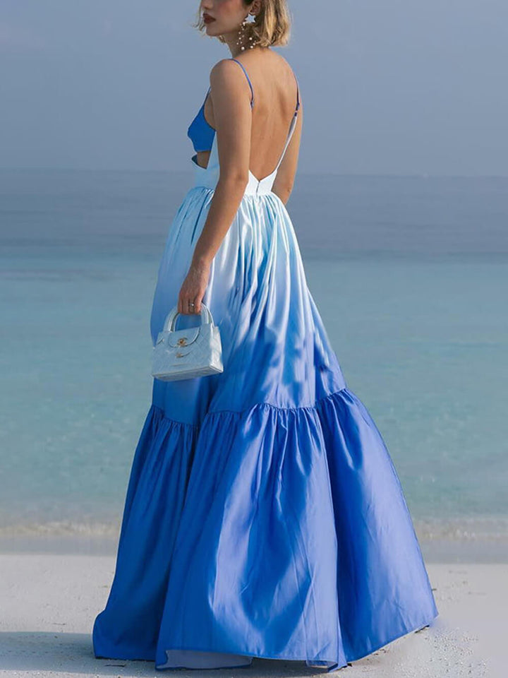 Warstwowa sukienka maxi z gradientowym nadrukiem i wycięciem w talii