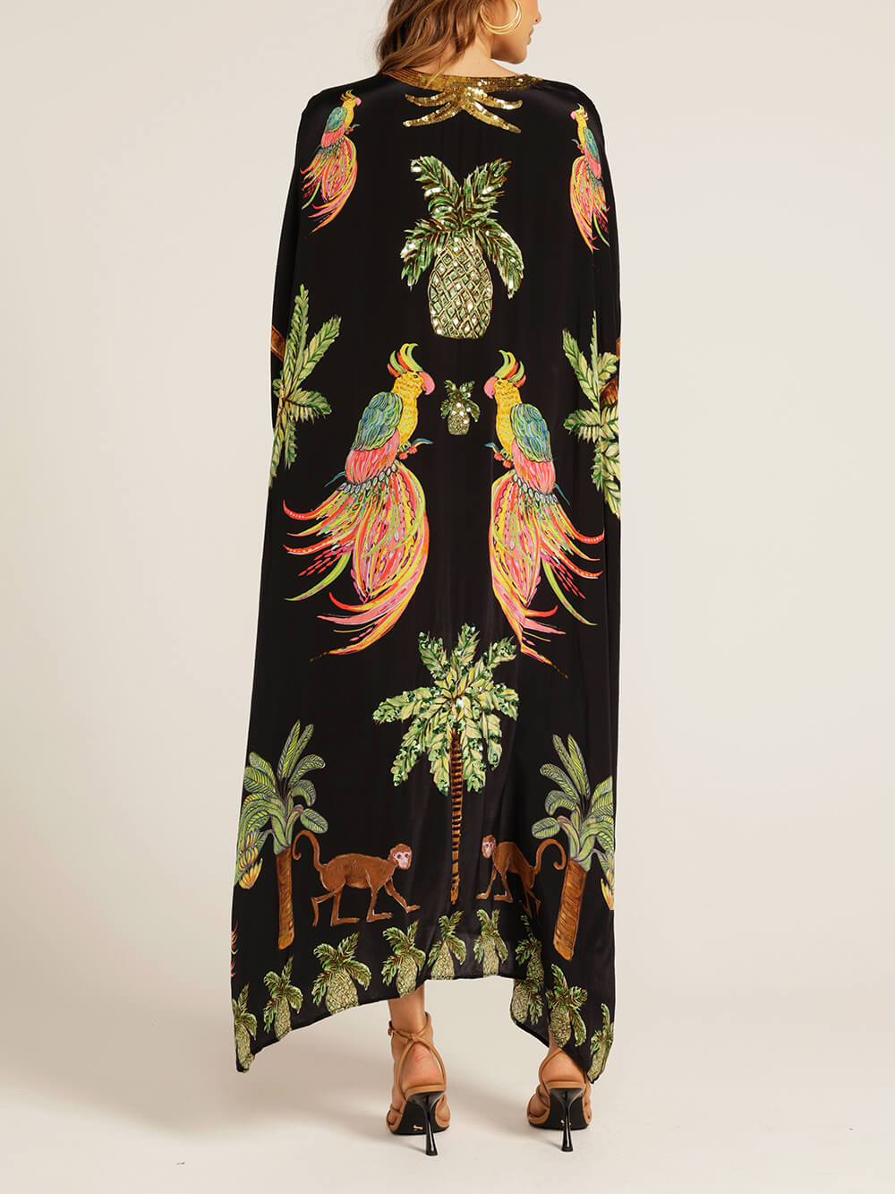 Unik Drop Shoulder Sleeve Coconut Tree Printed Dress - Svart