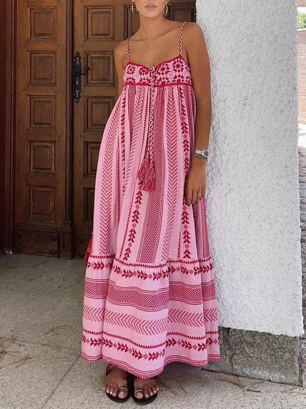 Etnický styl háčkování patchwork pletené slip Maxi šaty