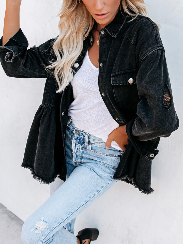 Distressed Denim Button Down Shirt Jacka