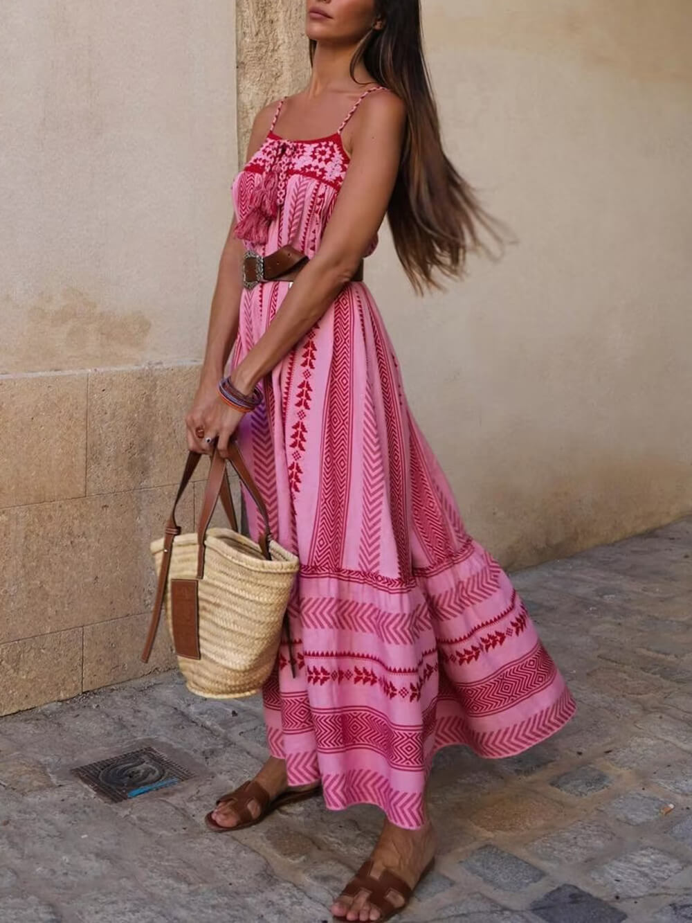 Vestido largo de punto con patchwork de crochet de estilo étnico