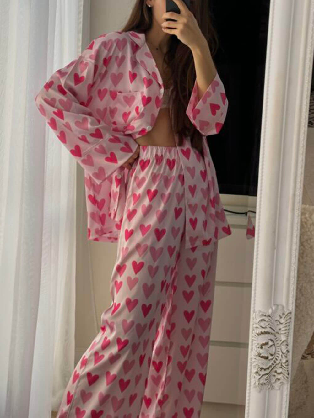 Häerz-gebuerene gedréckt loose Patchwork Pyjama Set