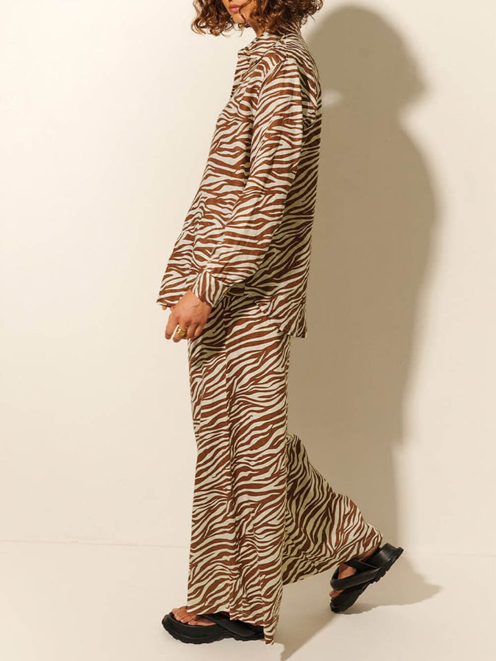 Button Open Collar Loose Zebra Print Shirt  Pants Set